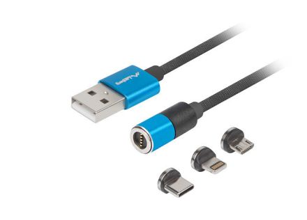 CABLE LANBERG 3EN1 USB 2.0 USB-C,MUSB ,LIGHTNING,QCHARGE 3.0 MAGNETICO AZUL 1M